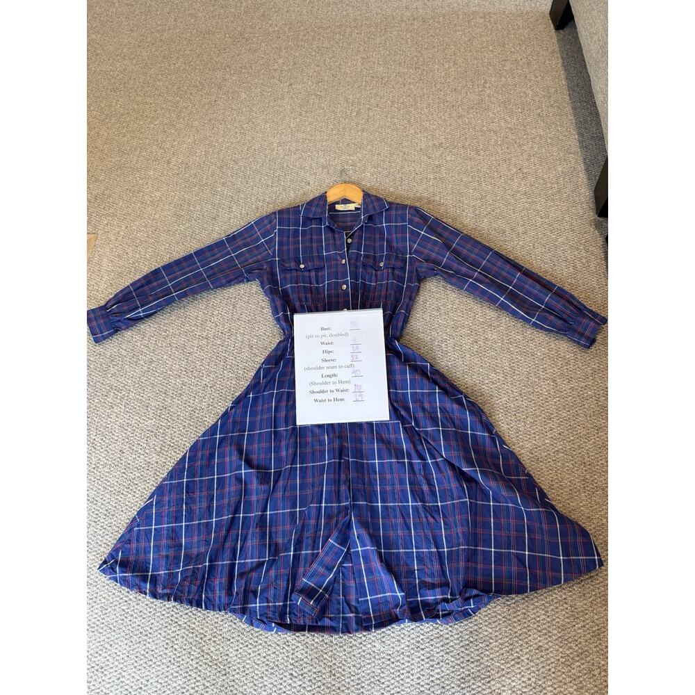 Vintage Plaid Shirt Dress Blue Red Cotton Long Sleeve A-Line Size 4 Summit Hill